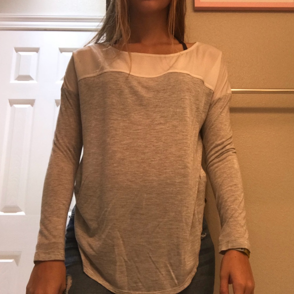 grey and white top